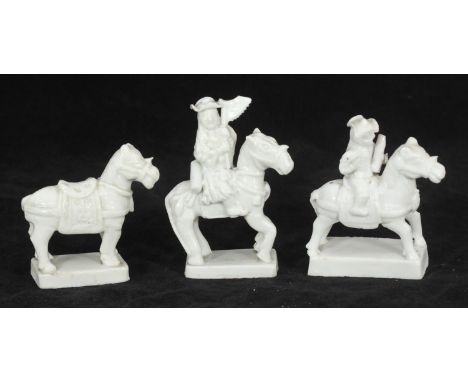 Three 17th century Chinese blanc-de-chine small porcelain figures of two Dutch cavalrymen and a unmounted horse, 10cm high 