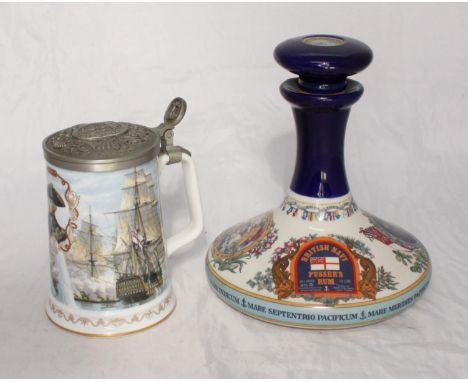 A large Wade ceramic Pusser's Rum 1 litre decanter with stopper, together with a Royal Worcester ceramic 50th anniversary tan