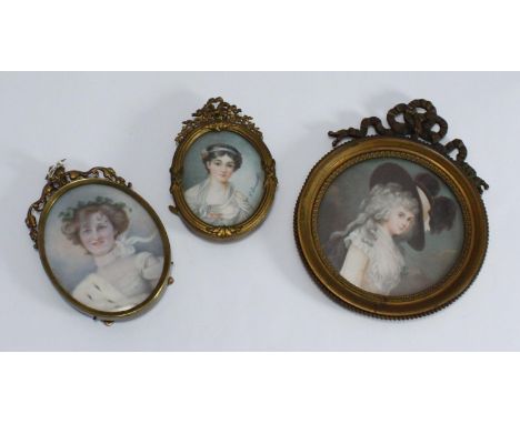 Three various portrait miniatures, two English School: Gainsborough 'style' lady wearing hat, 7cm diam, brass hanging frame, 