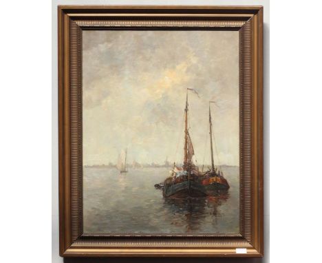 Heertje Van Doornik (Dutch 1880-1936) Seascape with figures on boats and with further boats and shoreline beyond, signed and 