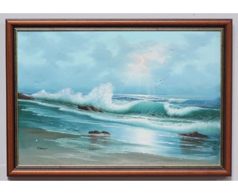 Seascape study of crashing waves and seagulls, oil on canvas, signed 'Schubert', 60 x 90cm, together with a study of St Micha