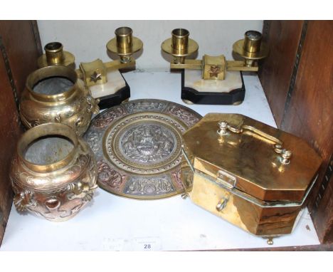 SECTION 28.  A pair of Art Deco candelabra with shaped stepped black and cream onyx style bases, brass candle holders, centra
