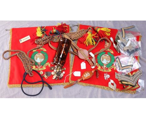 Two Royal Marines bugle hanging pennant, red with badge embroidered centre, gold braid fringes, together with two braided sho