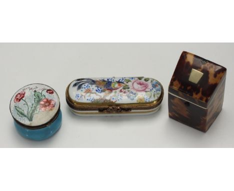 An 18th Century circular enamel patch box with floral painted and inscribed hinged cover 'From Much Wenlock,' (Shropshire), 3