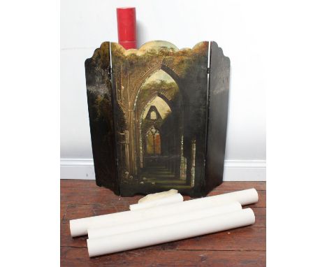 A Victorian black lacquered fire screen painted with a scene of a church ruin and highlighted with mother of pearl, together 