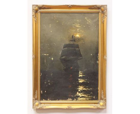 Saint Clair Augustin Mulholland (1839-1910), Nocturnal seascape with square-rigged ship under moonlight, signed, oil on canva