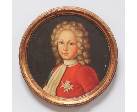 A portrait of a late 17th/early 18th century German or Prussian prince with blonde ringlets and red uniform, with blue sash a