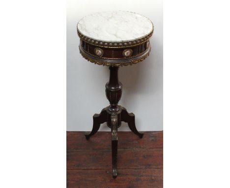 A French stained wood and gilt-metal mounted circular drum-top table with grey marble top, on baluster column and tripod base