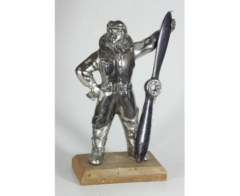 A silver-plated novelty table lighter modelled as an R.A.F. pilot supporting an aircraft propeller, his head hinged to reveal