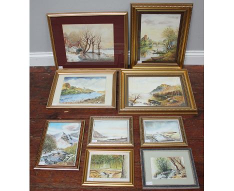 Nine various watercolours of landscapes, some signed R Jewry, glazed and framed (9) 