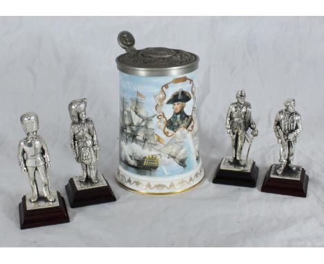 A Royal Worcester lidded tankard, 'Nelson's Victory at Trafalgar,' together with four Royal Hampshire white-metal cast milita