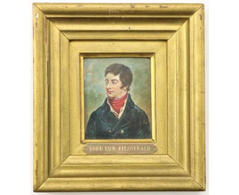 19th Century Irish School Miniature: "Lord Edward Fitzgerald," oils on card, depicting head and shoulders with red scarf and 