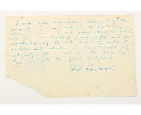‘The Old Forces of Mediocrity, Malice and Death’ Kavanagh (Patrick)&nbsp; A remarkable manuscript statement, eight lines in g