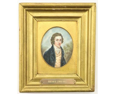 19th Century Irish School Miniature: "Henry Sheares," oils on card, oval depicting Young Gentleman with curly hair wearing wh