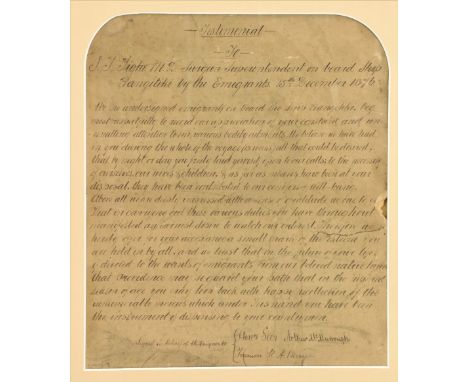 Testimonial from Grateful Passengers, 1876&nbsp;   Manuscript: A Testimonial to J.J. Tighe, M.D., Ship's Surgeon Superindent 