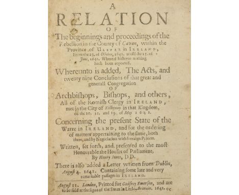 The Rebellion in County Cavan 1642  Co. Cavan: [Jones (Doctor Henry)]D.D.&nbsp;A Relation of the Beginnings and Proceedings o