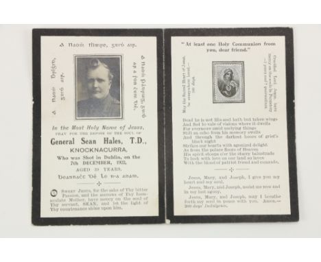 Memorial Card: "Pray for .. General Sean Hales, T.D., Knocknacurra, who was shot in Dublin on the 7th December 1922, aged 39 
