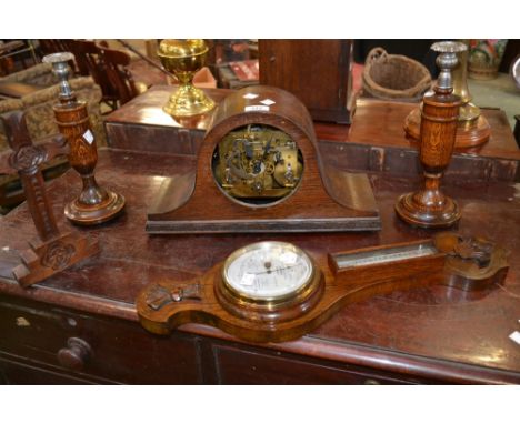 Boxes and Objects - a wall-hanging barometer; a mantle clock; a pair of treen candlesticks; a treen carved cross (4)
