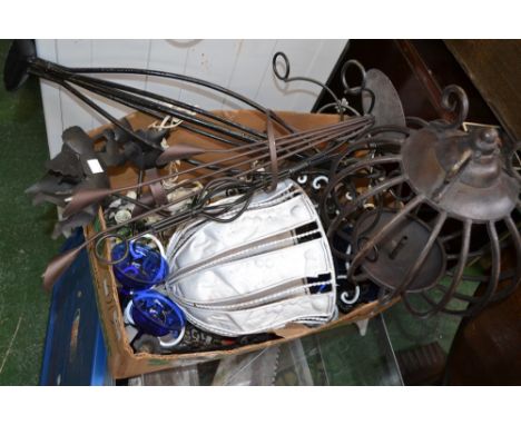 Metal ware -a wrought iron globular lantern cage;  a wall pocket;  a candlestick; lanterns etc