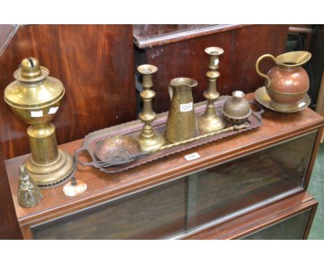 A brass Hitchcock lamp, Watertown New York patented; an Art Nouveau brass jug; a pair of brass candlesticks; etc.