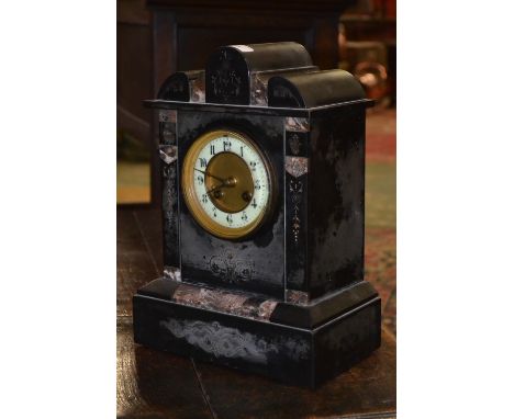 A 19th century French belge noir and rouge marble mantel clock, cream dial, Arabic numerals, Marti Bros. French, eight day mo