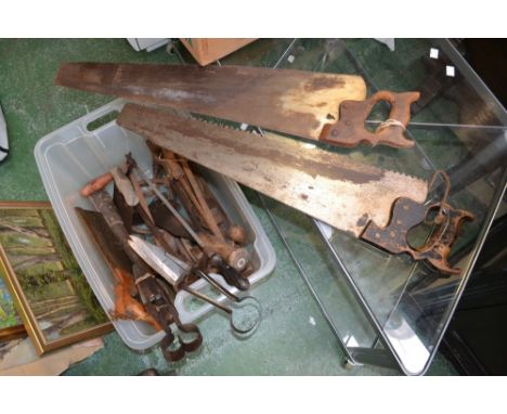 Carpentry - early 20th century woodworking tools, hand saws, drills, measures, brass blow lamp, hacksaw, shears; quantity
