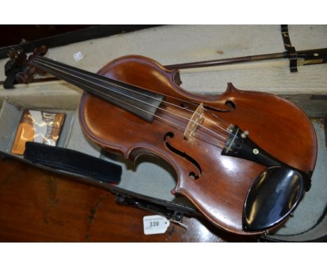 A violin, two piece back, with bow, cased