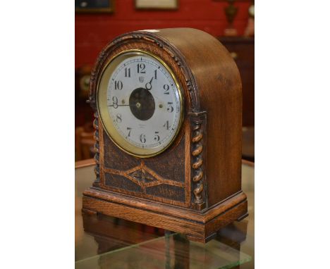 An early 20th century oak domed mantle clock Bulle patent