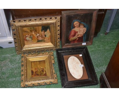 Pictures- Ladies in 18th century dress, overpainted prints, Italian school, Madonna and child signed ERLA; sketch of a woodcu