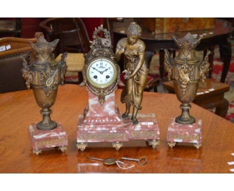 An Art Nouveau marble and gilt metal figural mantel clock garniture, enamel dial with Arabic numerals and flowering swags, fl