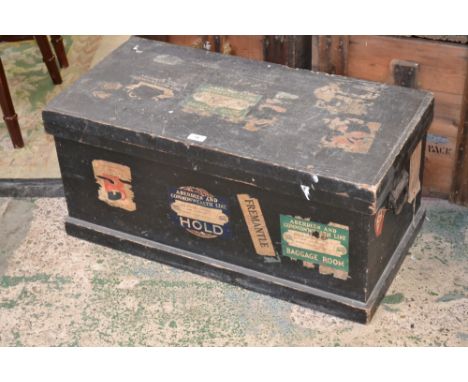 A vintage twin handle tool chest, 4 lift out trays, containing braces, bits, measuring tapes etc