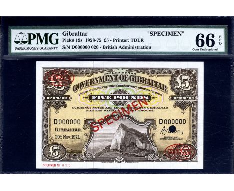 Gibraltar, P 19s, Linzmayer B117gs, Government of Gibraltar, 5 Pounds, 20 November 1971, SPECIMEN. Rock of Gibraltar on front