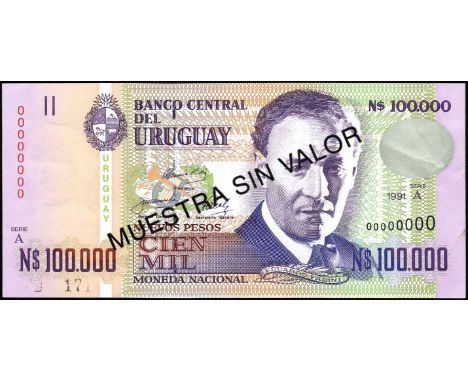 Uruguay, P 71s, Linzmayer B538as, Banco Central del Uruguay, 100,000 Nuevos Pesos, 1991, SPECIMEN. Portrait of Eduardo Fabini