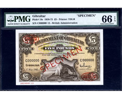 Gibraltar, P 19s, Linzmayer B117es2, Government of Gibraltar, 5 Pounds, 1 May 1965, SPECIMEN. Rock of Gibraltar on front. Sig