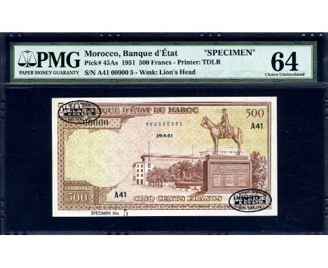 Morocco, P 45As, Linzmayer B234s1, Banque d’État du Maroc, 500 Francs, 29 May 1951, SPECIMEN. Buildings and palm trees in Med