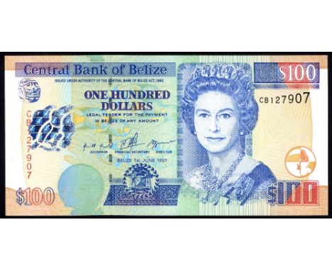 Belize, P 65, Linzmayer B323a, Central Bank of Belize, 100 Dollars, 1 June 1997. Portrait of Queen Elizabeth II at right on f