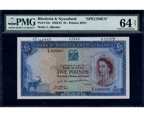 Rhodesia & Nyasaland, P 22s, Linzmayer B103a33s, Bank of Rhodesia and Nyasaland, 5 Pounds, 5 June 1959, SPECIMEN. Sable antel