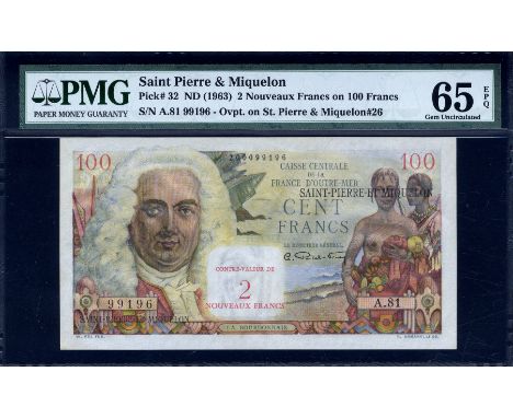 Saint Pierre & Miquelon, P 32, Caisse Centrale de la France d'Outre-Mer, 2 Nouveaux Francs on 100 Francs, (1963). Portrait of