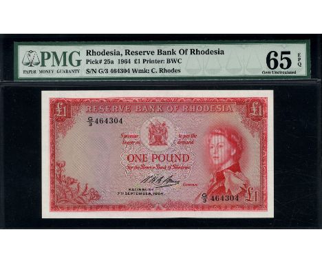 Rhodesia, P 25a, Linzmayer B102c, Reserve Bank of Rhodesia, 1 Pound, 7 September 1964. Flowers; coat of arms; Queen Elizabeth