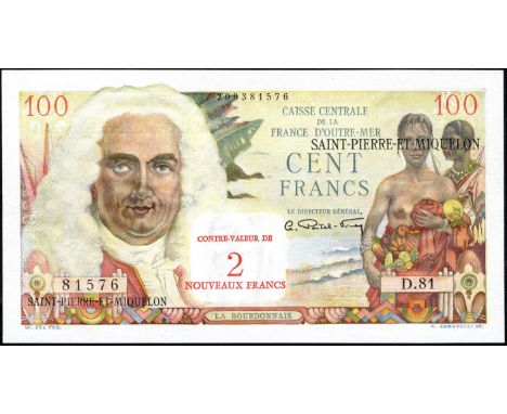 Saint Pierre & Miquelon, P 32, Caisse Centrale de la France d'Outre-Mer, 2 Nouveaux Francs on 100 Francs, (1963). Portrait of