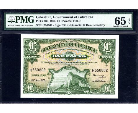 Gibraltar, P 18c, Linzmayer B116h, Government of Gibraltar, 1 Pound, 20 November 1975. Rock of Gibraltar on front. Signature 
