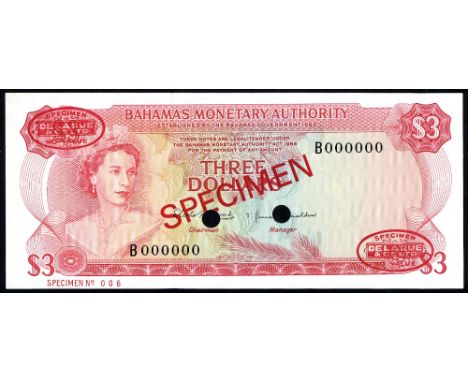 Bahamas, P 19s, Linzmayer B118bs2, The Bahamas Government, 3 Dollars, L.1965, SPECIMEN. Portrait of Queen Elizabeth II at lef