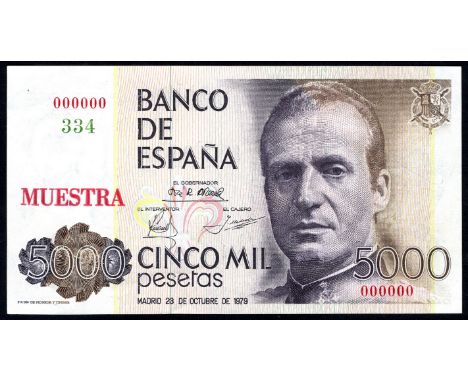 Spain, P 160s, Banco de España, 5,000 Pesetas, 23 October 1979, SPECIMEN. Portrait of King Juan Carlos I at right, coat of ar