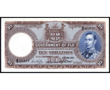 Fiji, P 38k, Government of Fiji, 10 Shillings, 1 June 1951. Coat of arms of Fiji at upper center, portrait of King George VI 