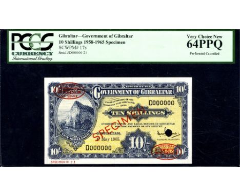 Gibraltar, P 17s, Linzmayer B115es, Government of Gibraltar, 10 Shillings, 1 May 1965, SPECIMEN. Rock of Gibraltar at left on
