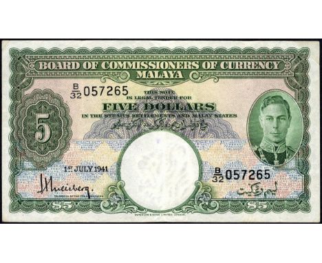 Malaya, P 12, Linzmayer B113a, Board of Commissioners of Currency, Malaya, 5 Dollars, 1 July 1942. Portrait of King George VI