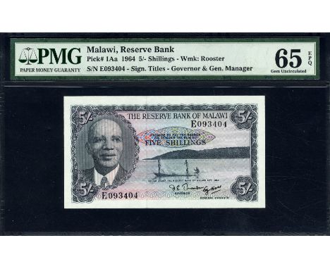 Malawi, P 1Aa, Linzmayer B101b, The Reserve Bank of Malawi, 5 Shillings, L.1964. President Hastings Banda; three men with fis