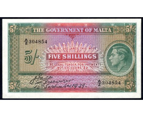 Malta, P 12, Linzmayer B111a, The Government of Malta, 5 Shillings, 13 September 1939. Portrait of King George VI at right on