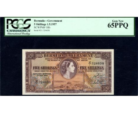 Bermuda, P 18b, Linzmayer B119b, Bermuda Government, 5 Shillings, 1 May 1957. Portrait of Queen Elizabeth II at upper center,
