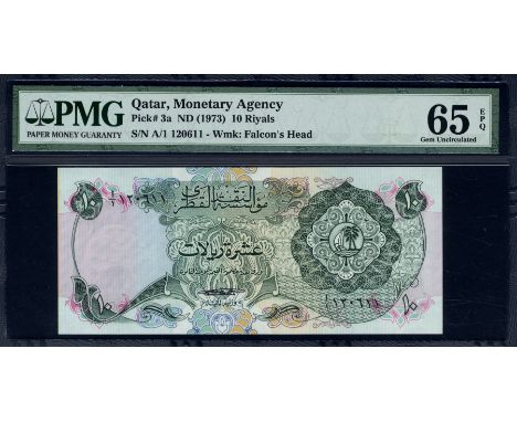 Qatar, P 3a, Linzmayer B103a, The Qatar Monetary Agency, 10 Riyals, (1973). Coat of arms of Qatar at right on front. Signatur